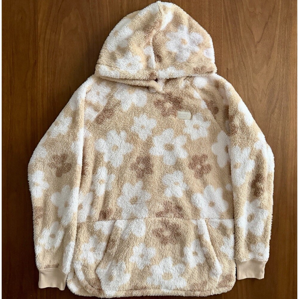 Abercrombie Kids Fleece Pullover Hoodie Floral Beige/ White Pockets Logo 14-16